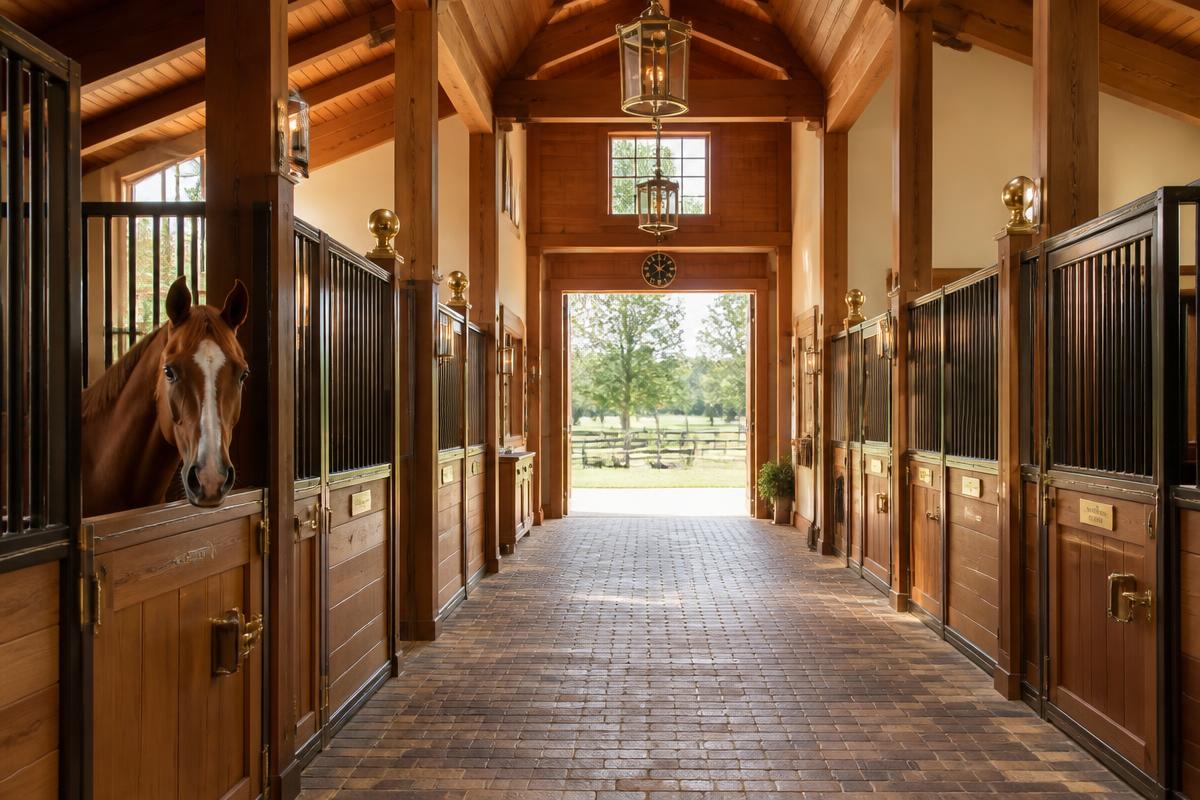 Interior de las cuadras de lujo con caballo asomado